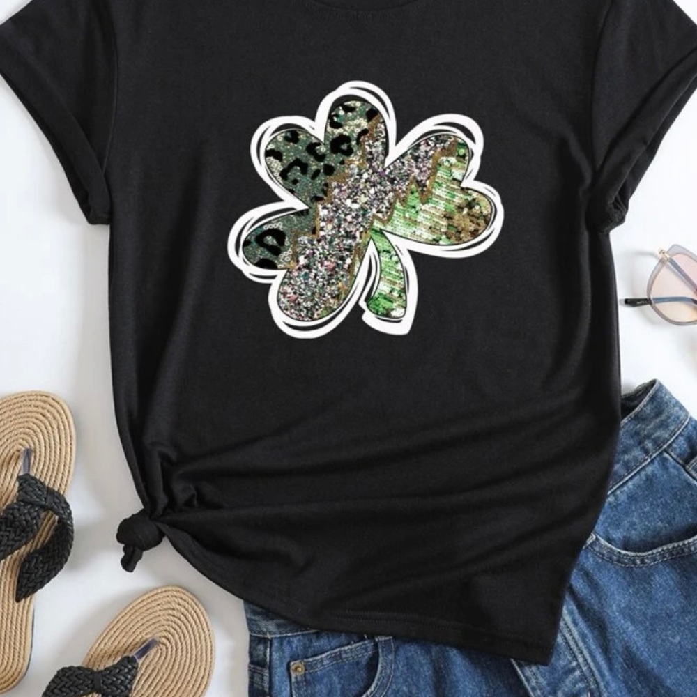 New Black Tshirt with leopard 3 leaf clover